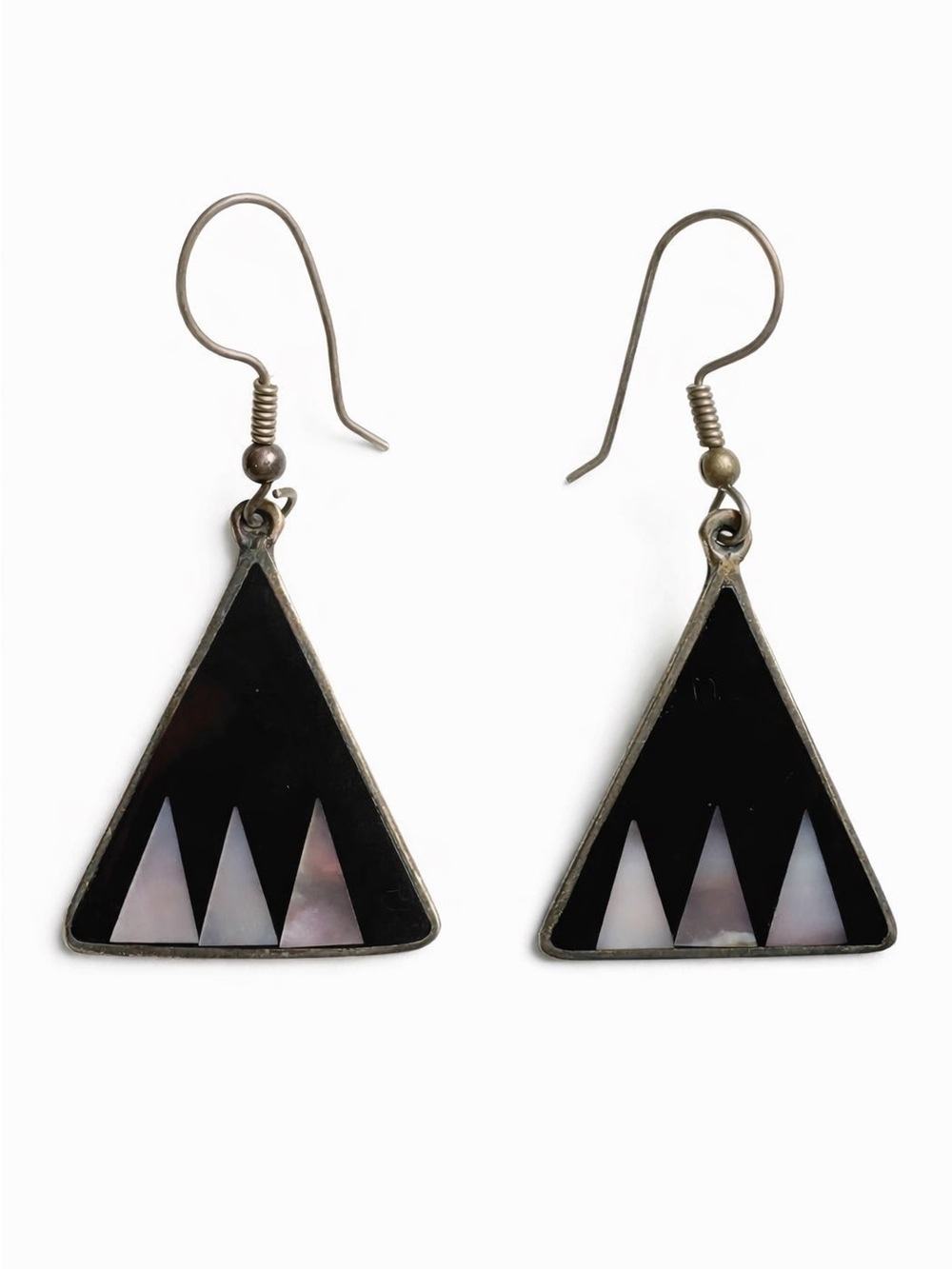 Vintage Mexico Silver Black Triangle Inlay Drop Pierced Earrings